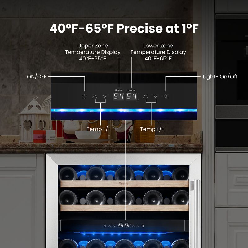 24 Inch Built-in Wine Fridge, Dual-Zone Refrigerator, Holds 52 Bottles, 40-65&deg;F, Glass Door, Perfect for Home, Bar or Office image number 6