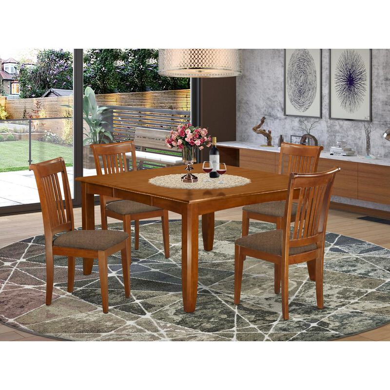 East West Furniture PFPO5-SBR-C 5 Pc Dining room set for 4-Square Dining Table with Leaf and 4 Dining Chairs