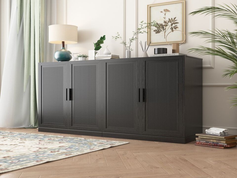 2-Piece Modern Minimalist Wicker Door Wood Grain Edge Cabinet, Multifunctional Storage with 3 Layers of Shelves
