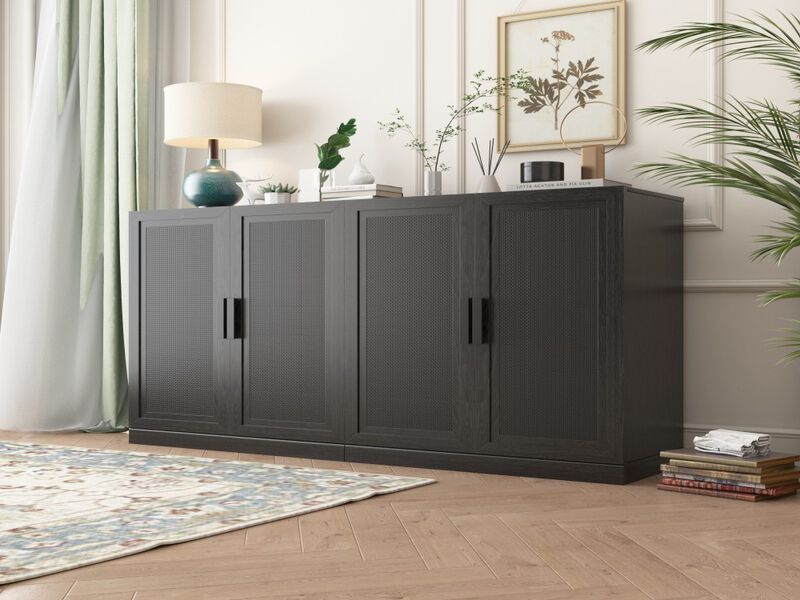 2-Piece Modern Minimalist Wicker Door Wood Grain Edge Cabinet, Multifunctional Storage with 3 Layers of Shelves image number 1