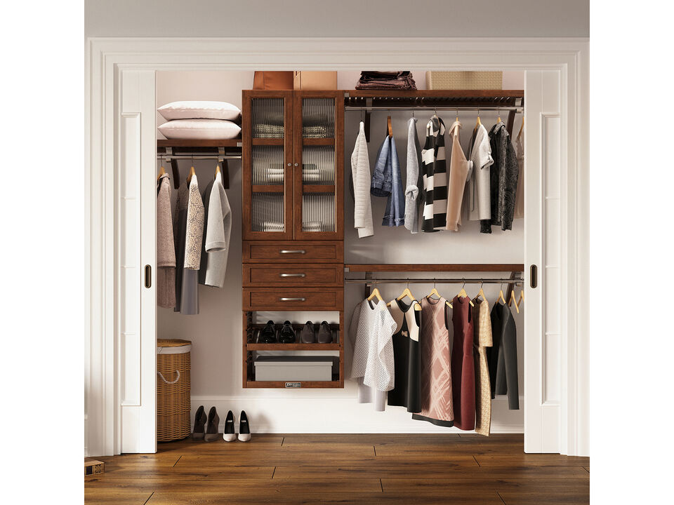 Solid Wood Walk-In Closet Organizer with 3 Shaker Style Drawers and Glass Doors
