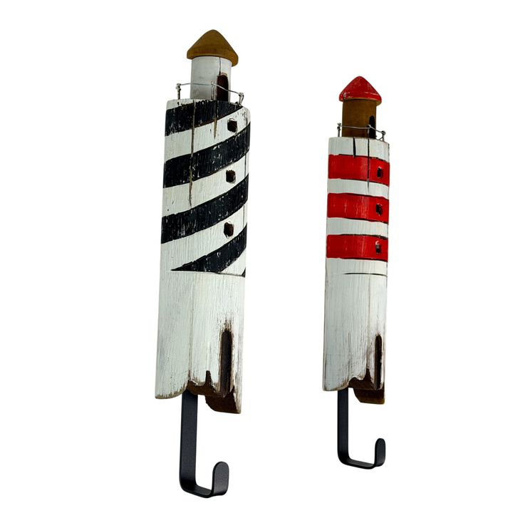 Set of 2 Wood Lighthouse Wall Hooks, 11.5 Inch Coastal Nautical Wall Decor, Handcrafted Multicolor Striped Lighthouse Hook Set for Entryway, Bathroom, Bedroom or Beach House Walls