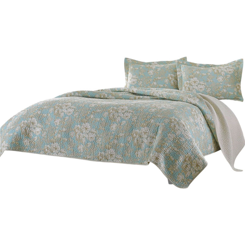 Floral Cotton Quilt Set in Seafoam &ndash; 3-Piece Lightweight Bedding For Bedroom