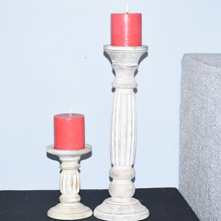Traditional Antique White Eco-friendly Handmade Mango Wood Set Of Two 6" & 15" Pillar Candle Holder