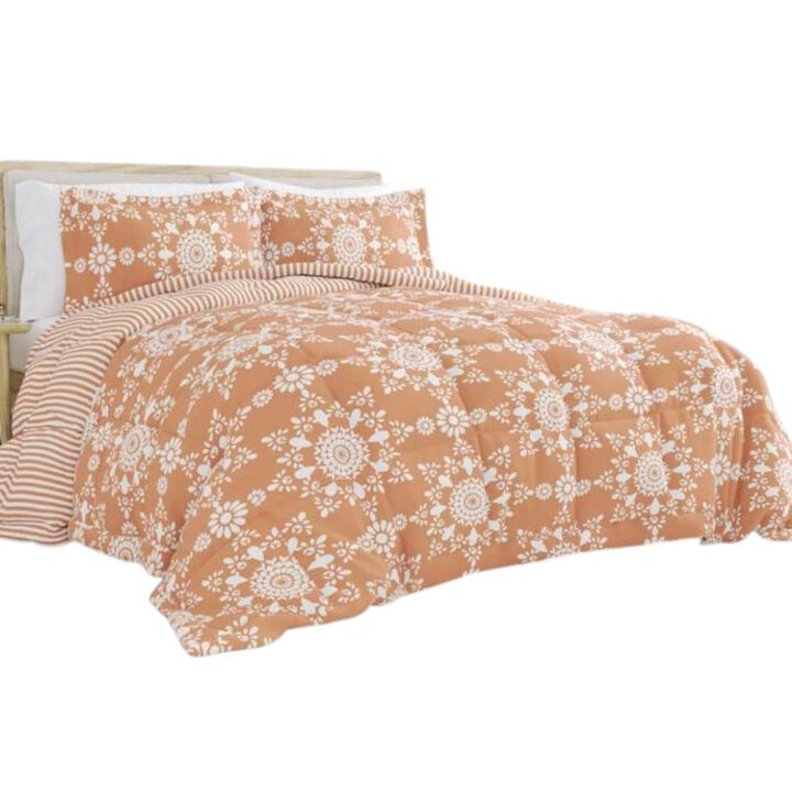 Hivvago Twin 2 Piece Clay and White Reversible Daisy Medallion Striped Comforter Set