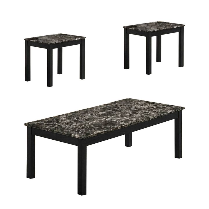 3 Piece Coffee Table and End Table with Faux Marble Top, Black-Benzara