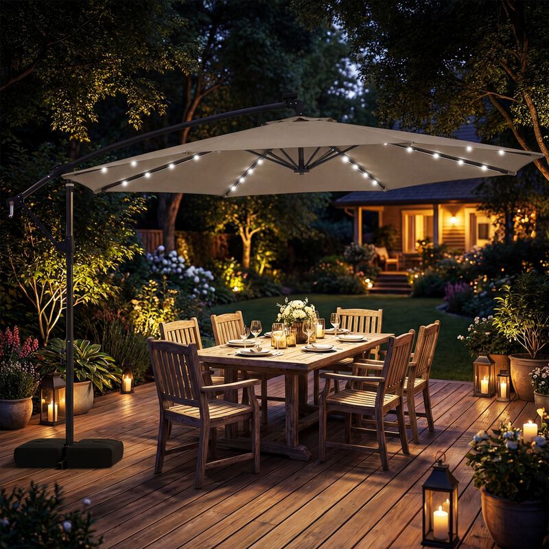 Clihome 10 ft. Solar LED Cantilever Patio Umbrella in Brown with 32 Lights, 360 Rotation, Sandbags Included Clihome 10 ft. Solar LED Cantilever Patio Umbrella in Brown with 32 Lights, 360 Rotation, Sandbags Included
