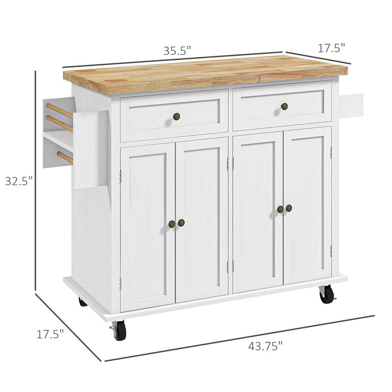White Kitchen Island Cart: Rubberwood Top, Storage Drawers