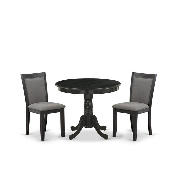 East West Furniture 3-Piece Dinette Room Set Consists of a Wooden Dining Table and 2 Dark Gotham Grey Linen Fabric Upholstered Dining Chairs - Wire Brushed Black Finish