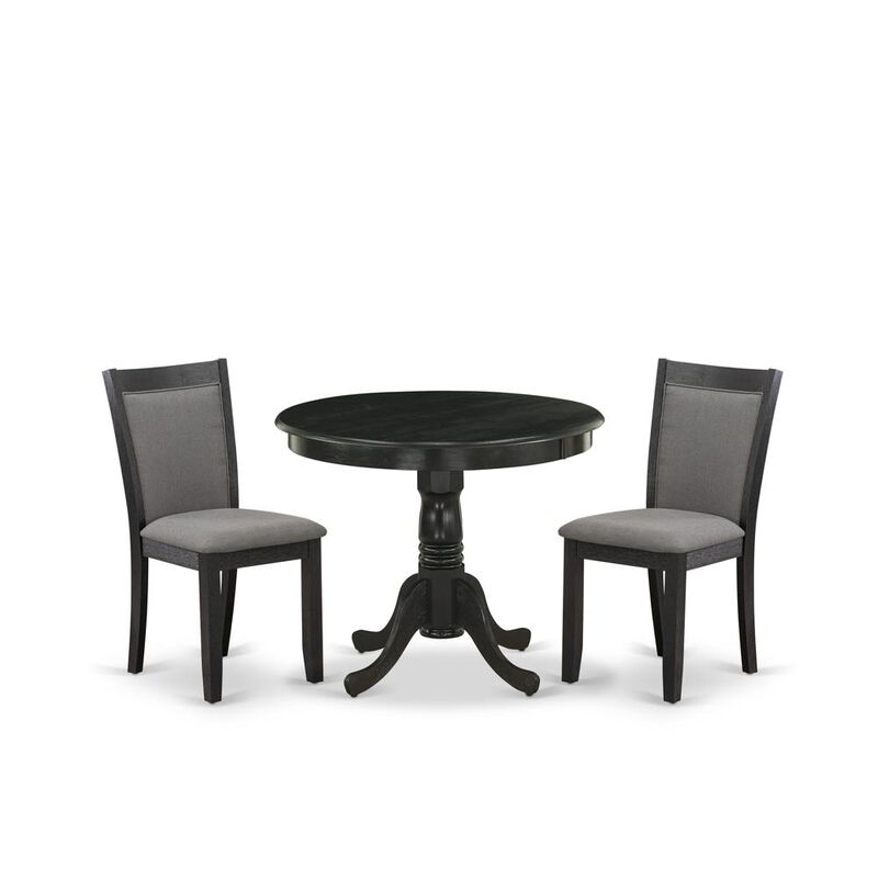 East West Furniture 3-Piece Dinette Room Set Consists of a Wooden Dining Table and 2 Dark Gotham Grey Linen Fabric Upholstered Dining Chairs - Wire Brushed Black Finish