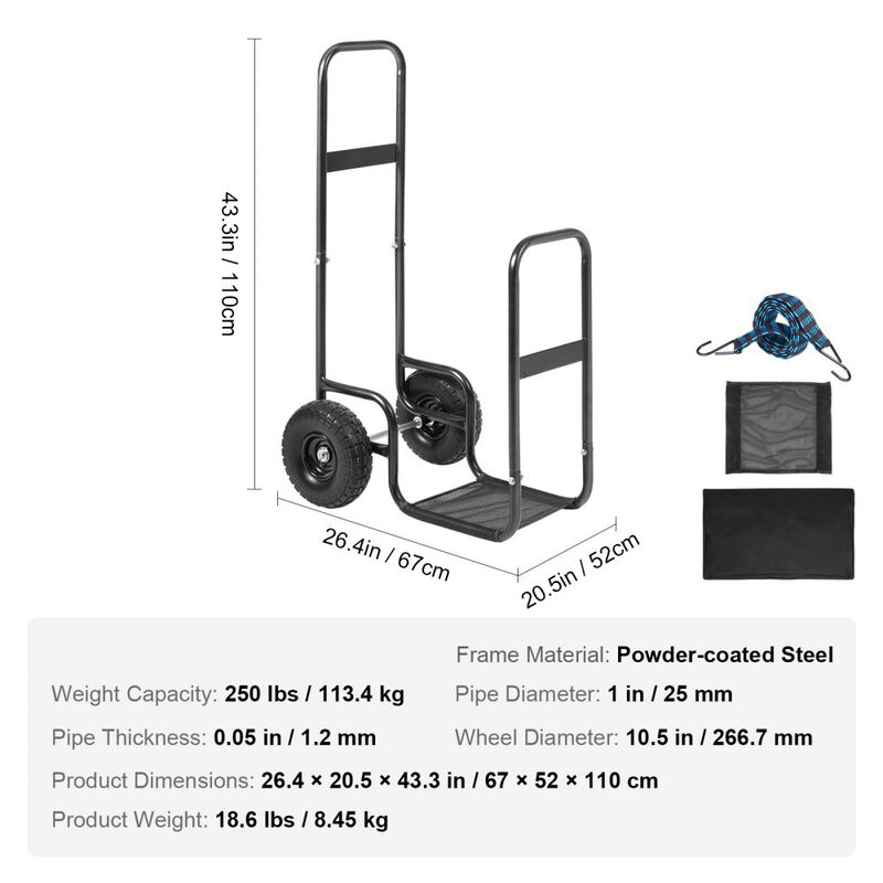 Heavy Duty Firewood Carrier Cart with Waterproof Cover and PU Wheels, Steel Log Hauler for Fireplace-Black image number 2