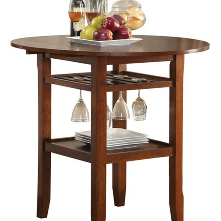 Round Top Wooden Counter Table with Stemware Rack and 2 Drop Leaves, Brown