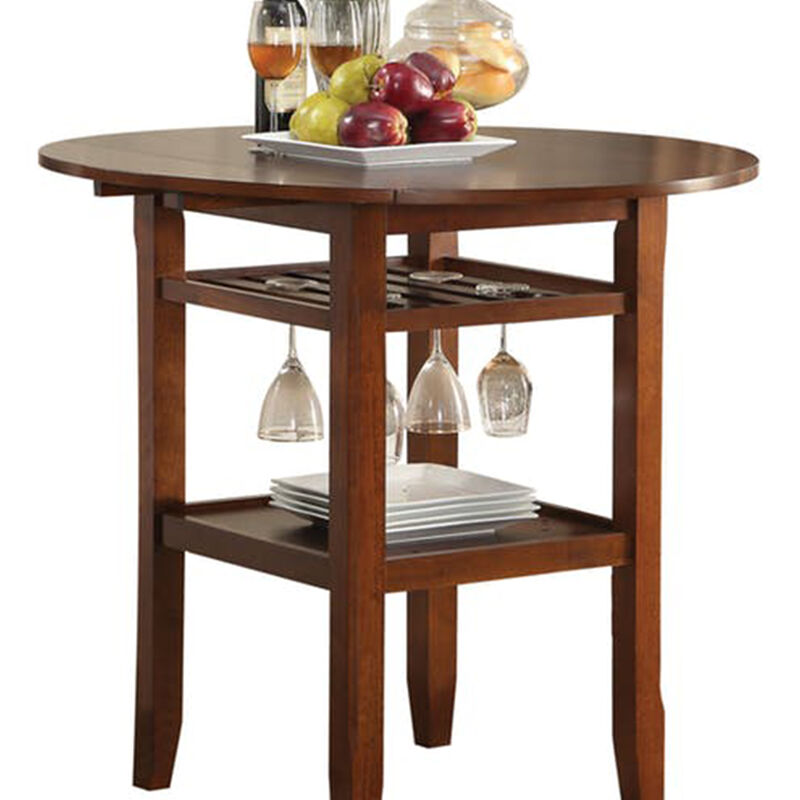 Round Top Wooden Counter Table with Stemware Rack and 2 Drop Leaves, Brown