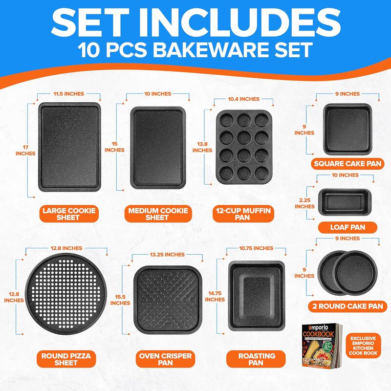 Stackable Baking Pan Set - Nonstick Gray Marble Coating, Carbon Steel Bakeware Sets, PFOA, PFOS, PTFE Free, Recipe Booklet Included, Oven Safe Tray (Up To 450° F), Set of 10 - Gray