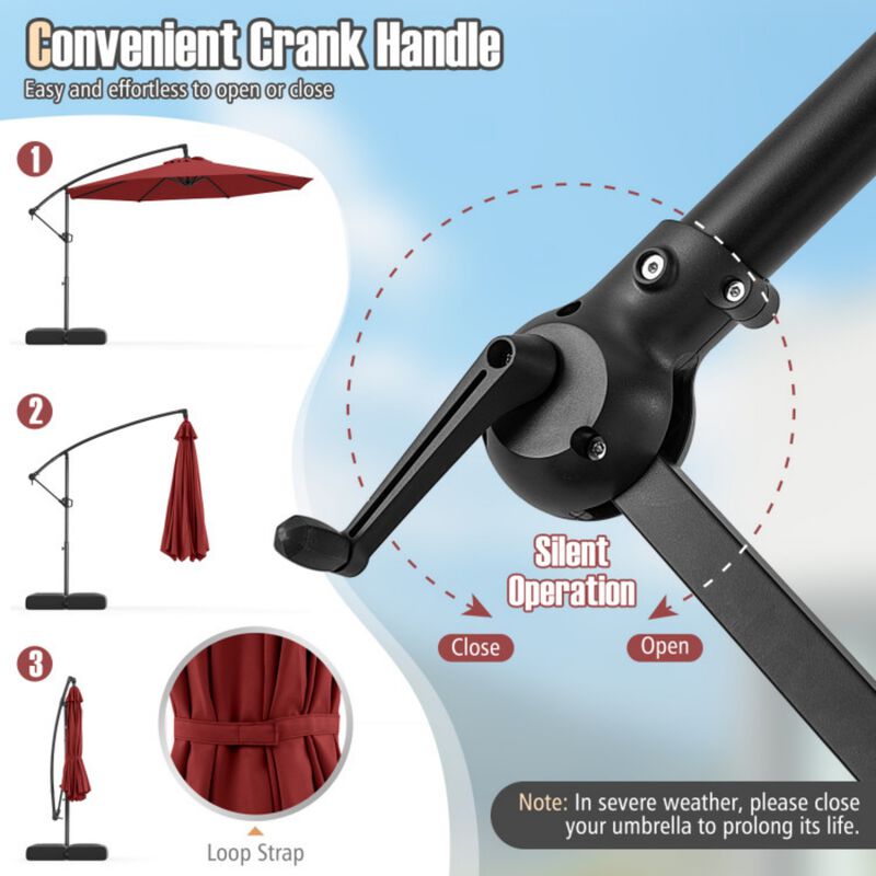 10 Feet Offset Hanging Umbrella with Base Patio Cantilever Umbrella with Tilt-Red image number 6