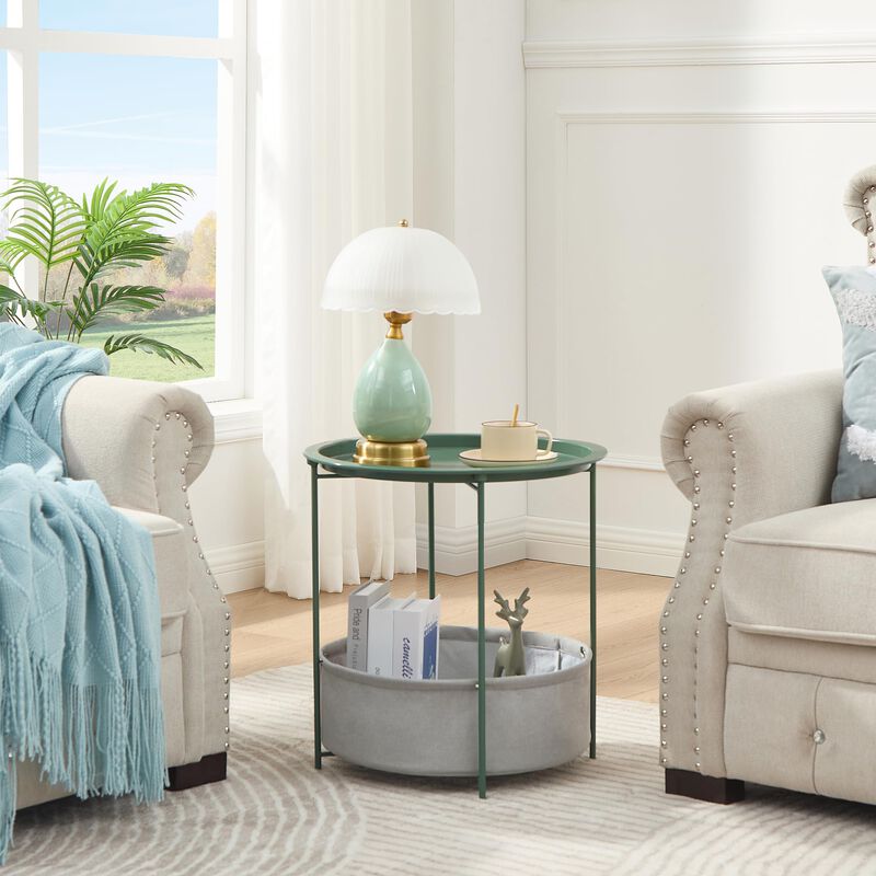 VECELO Round Side/End Table with Fabric Storage Basket