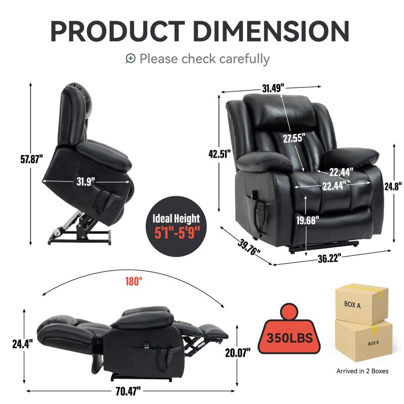 Clihome Infinite Position Single Motor Up to 350 LBS Power Lift Recliner Chair for Elderly, Heavy Duty Motion Mechanism with 8-Point Vibration Massage and Lumbar Heating, USB Charging Port, Cup Holders, Grey