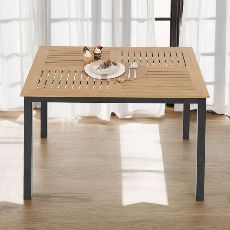 Light Wood Plastic Outdoor Dining Table, Slatted Top with Dark Gray Rust-Proof Metal Frame image number 2