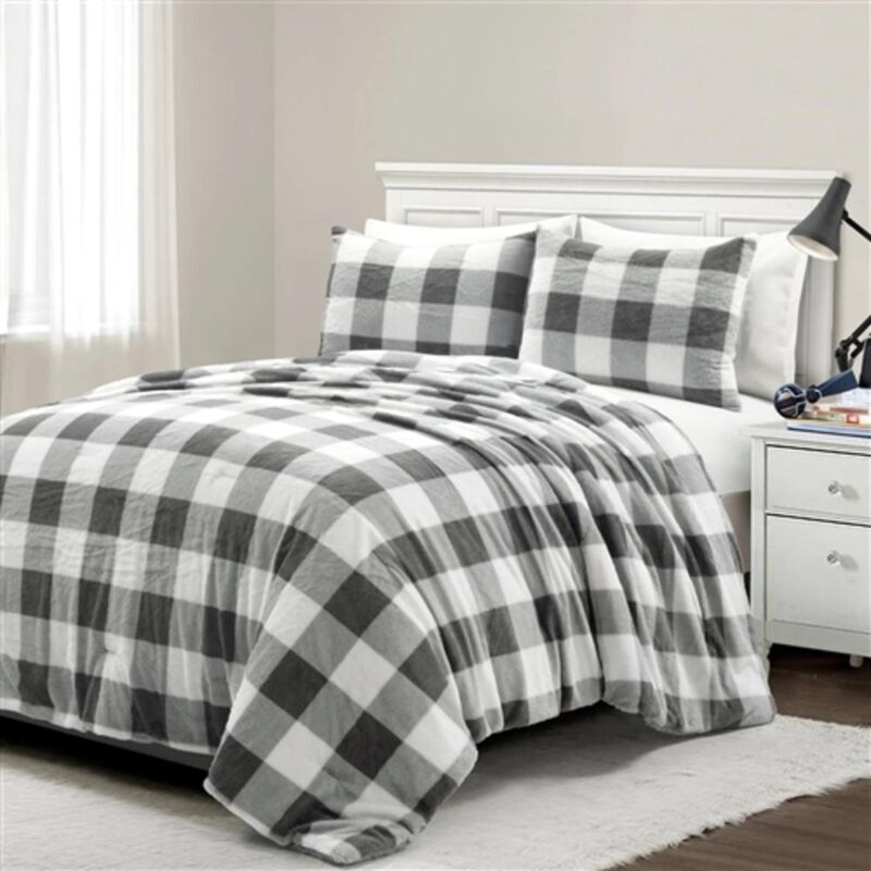 Hivvago Full/Queen Size Plaid Soft Faux Fur Comforter Set in Black White Grey
