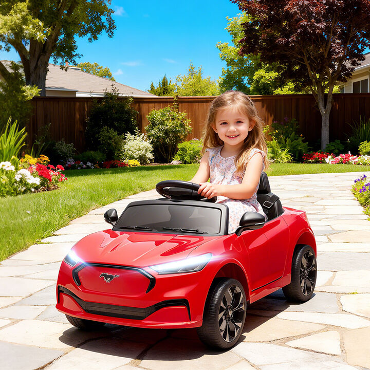 BreeBe 12V Kids Ride On Car, Licensed Ford Mustang Mach-E Electric Car with Remote Control, LED Light, Music