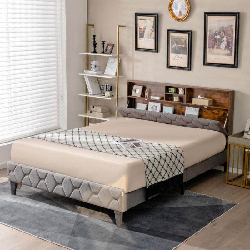 Hivvago Upholstered Bed Frame with Storage Headboard