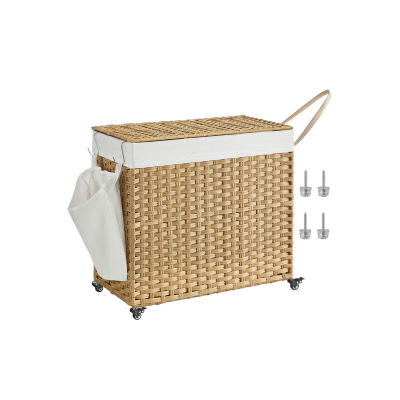 Handwoven 160L Rattan-Style Laundry Hamper with 3 Compartments and Removable Liner