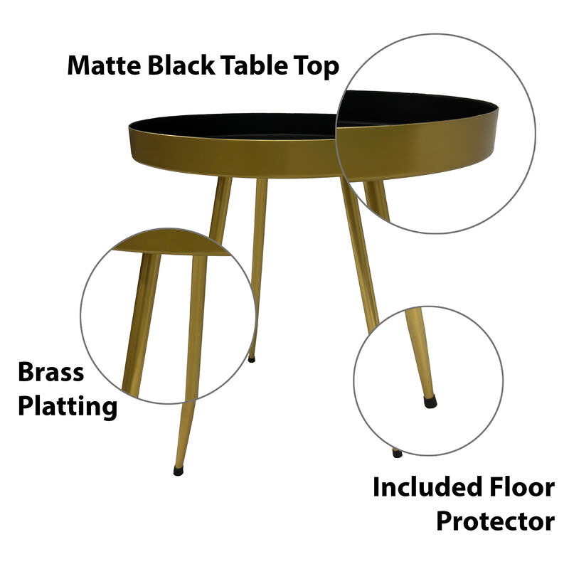 Enid 19 Inch Side End Table, Iron Brass Plating, Black Matte Top, Modern Sleek Angled Legs