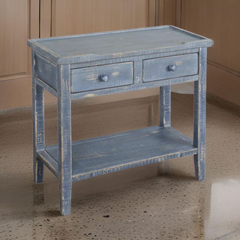 Rena Side End Table, 2 Drawers 1 Shelf, 28 Inch Rustic Blue Mahogany