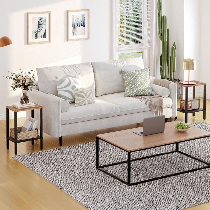 HOOBRO End Tables Set of 2, Side Table with 2-Tier Storage Shelves, Tall Nightstand with Faux Rattan Decoration, Sofa Table for