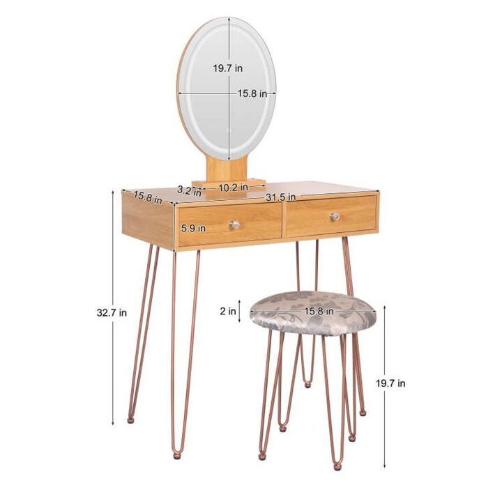 Dressing Table Vanity Set with 3-Color Dimmable Lighted Mirror Makeup Desk with 2 Drawers and Yellow Padded Stool On-Sit
