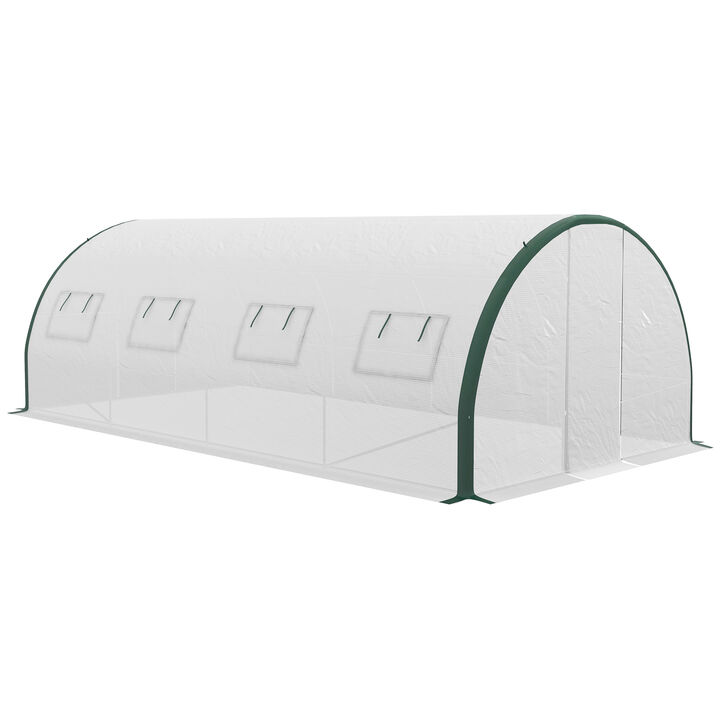 Outsunny 24.6' x 10' x 6.6' Walk-in Tunnel Greenhouse with Upgraded Structure, Outdoor Green House with 2 Hinged Doors, 10 Mesh Windows, Gardening Plant Warm House Tent, White