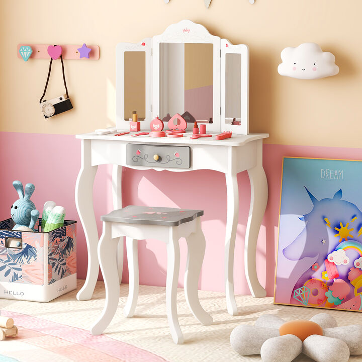 Kids Vanity Set with Tri-Folding Mirror – Girls' Makeup Table with Storage and Chair