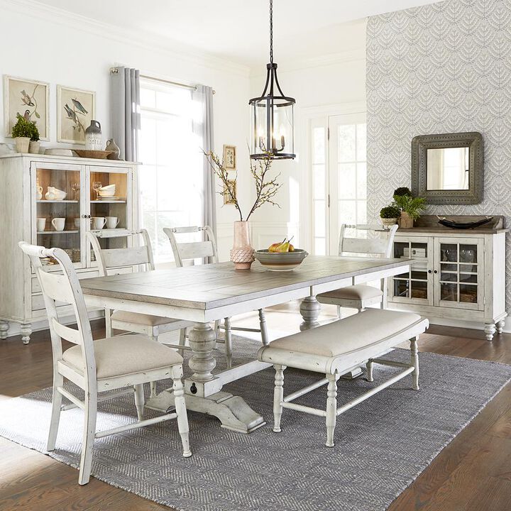 Liberty Furniture Whitney 6 Piece Trestle Table Set - Antique Linen w/ Weathered Gray