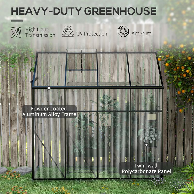 Outsunny 6' x 4' Lean-to Polycarbonate Greenhouse, Walk-in Hobby Green House with Sliding Door, 5-Level Roof Vent, Rain Gutter, Garden Plant Hot House with Aluminum Frame and Foundation, Black