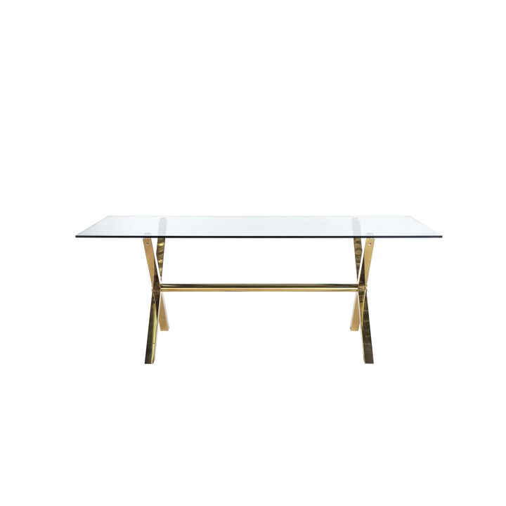 Tia 79 Inch Dining Table, Rectangular Tempered Glass Top, Gold, Clear