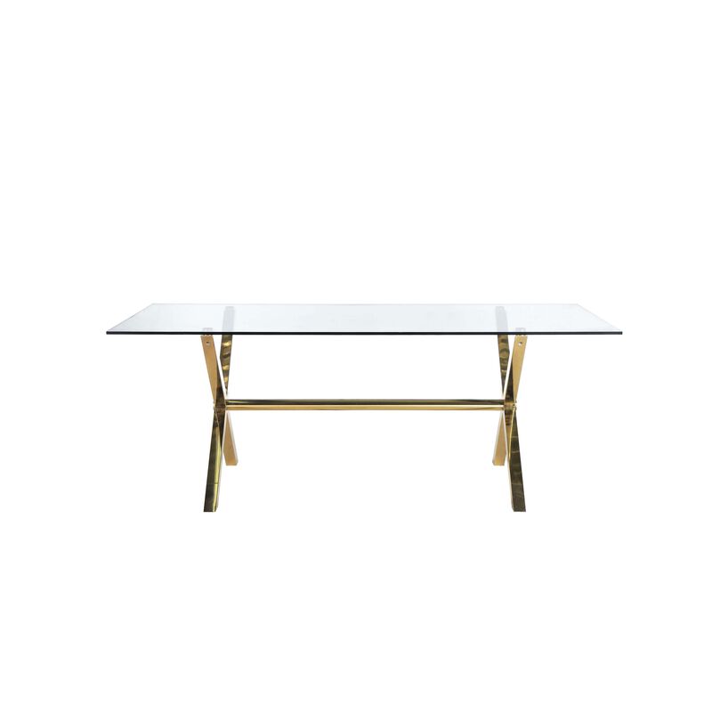 Tia 79 Inch Dining Table, Rectangular Tempered Glass Top, Gold, Clear