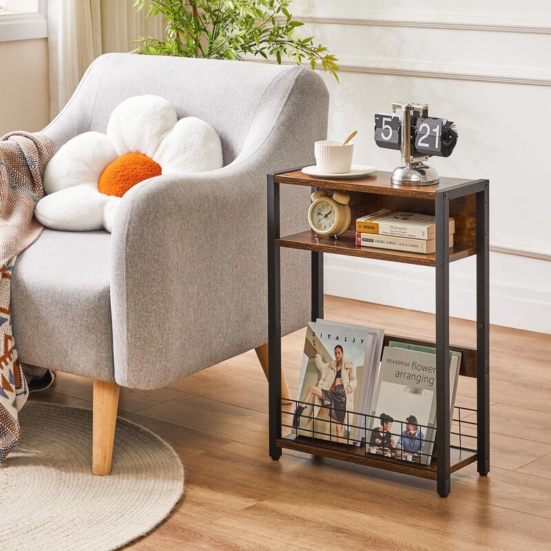 IBUYKE Narrow Side Table with Storage Shelf, 3 Tier End Table,Modern Sofa Table,Small Nightstand with Magazine Rack,Telephone Ta