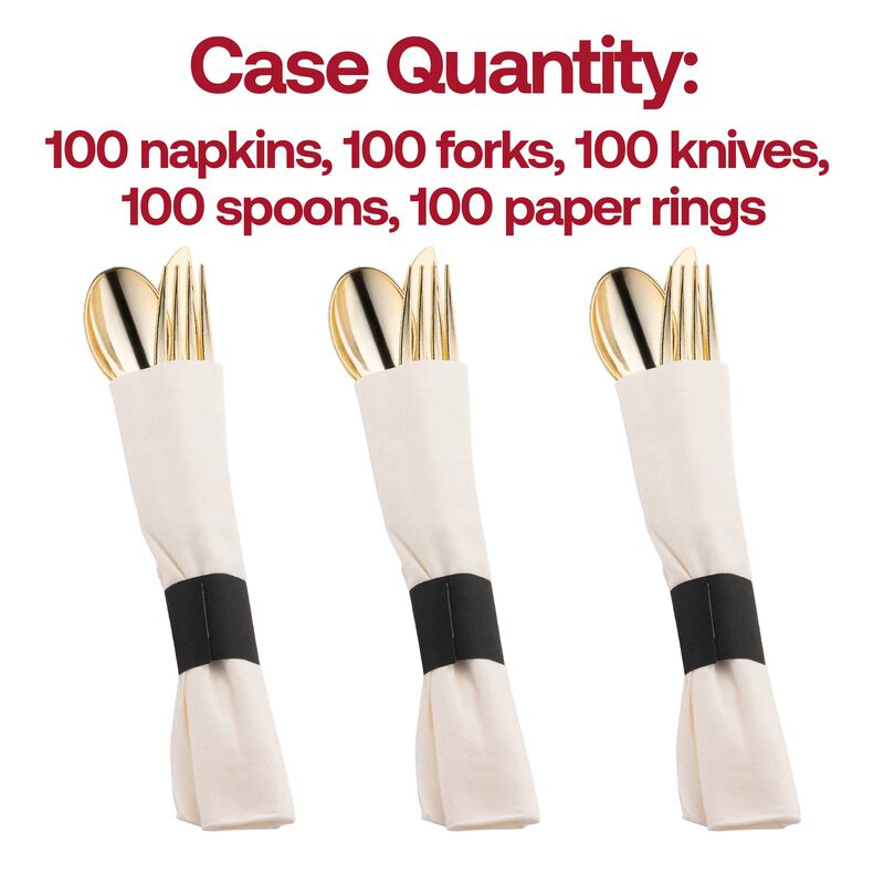 Gold Plastic Cutlery in White Napkin Rolls Set (100 Sets) image number 3