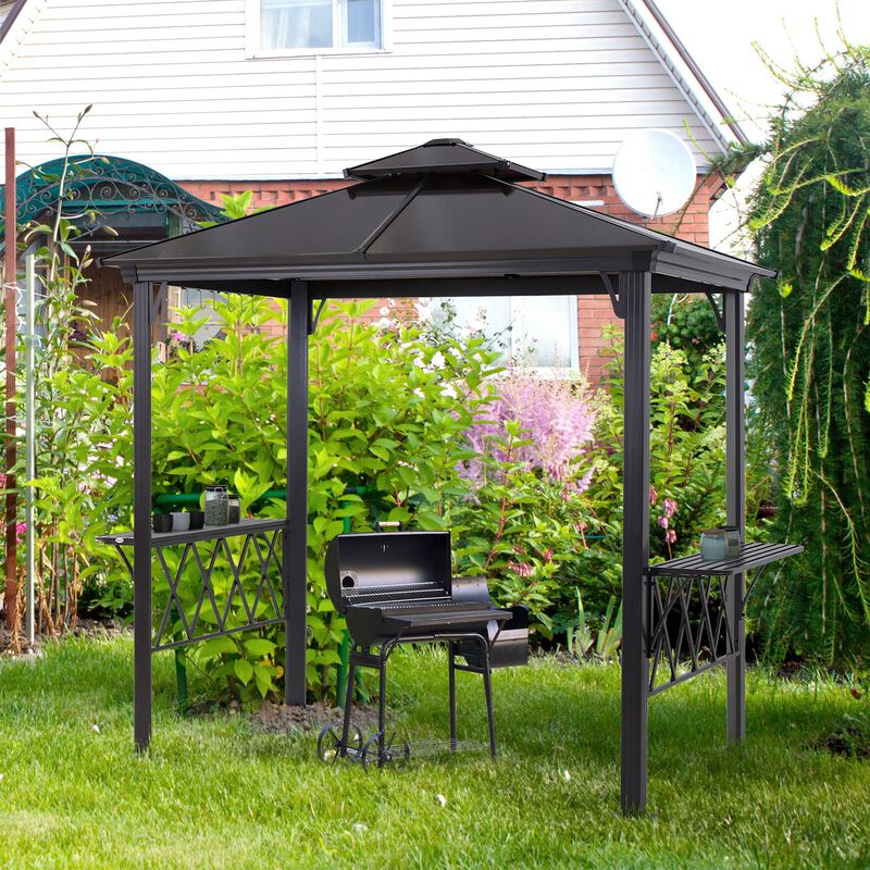Outsunny 9' x 5' Grill Gazebo, Hardtop BBQ Gazebo Canopy with 2-Tier Polycarbonate Roof, Shelves Serving Tables and Hooks, for Backyard Patio Lawn