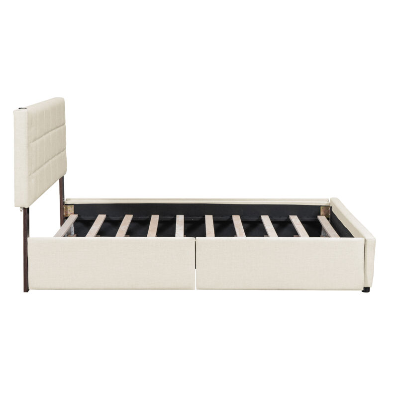 Queen Size Upholstered Platform Bed with Trundle and Drawers, Beige