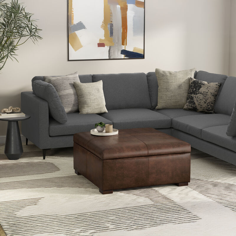 Gabbie 36 inch Wide Contemporary Square Square Coffee&nbsp;Table Storage Ottoman in Distressed Chestnut Brown Vegan Faux Leather, Assembled image number 2