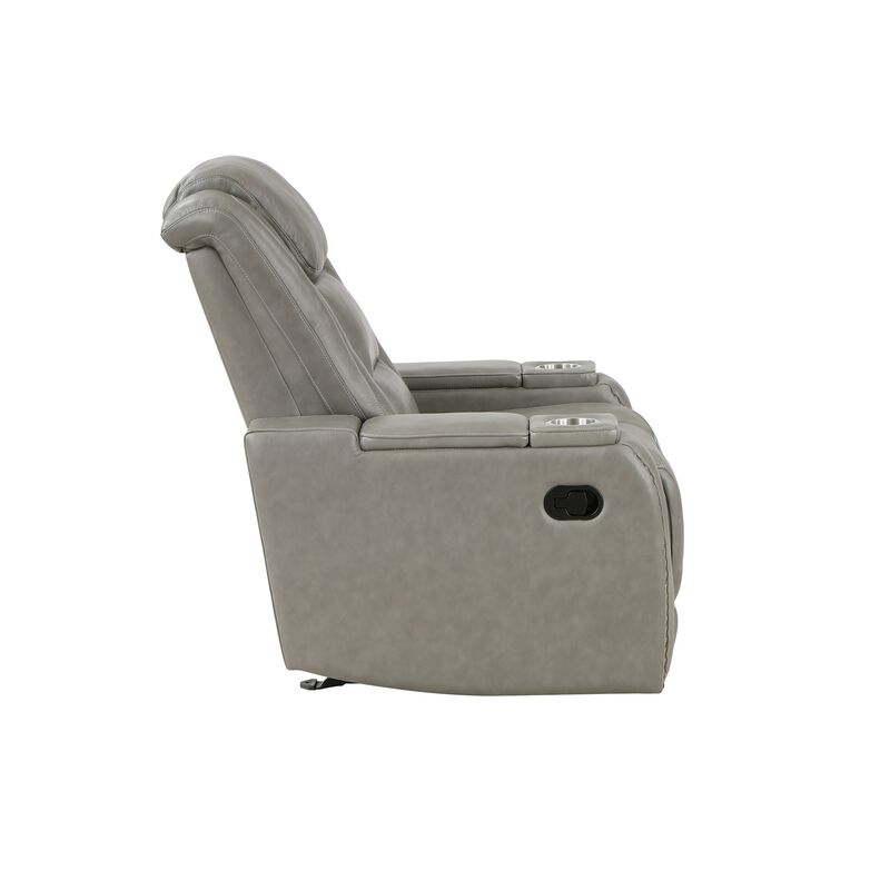 Luxe 39 Inch Manual Recliner, Genuine Leather, Smooth Gray Upholstery  - Benzara