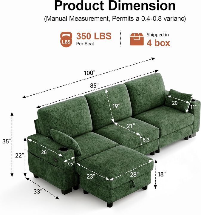 Vipbear 100 Inch Modular Sectional Sofa, Soft Chenille L Shaped Couch with Moveable Storage Ottoman