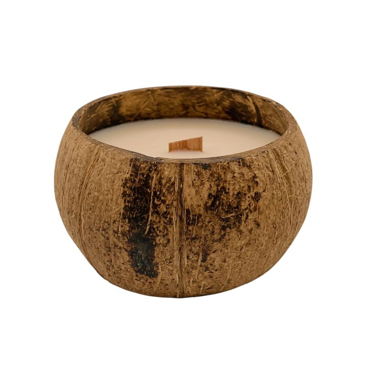 HomeRoots 4" Unscented Candle In Brown Coconut Shell Holder