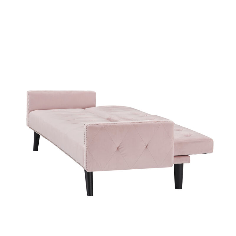 1730 Sofa Bed Armrest with Nailhead Trim with Two Cup Holders 72" Pink Velvet Sofa for Small Spaces