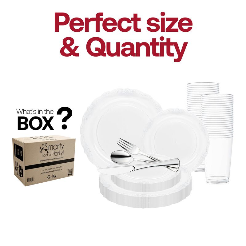 Clear with Silver Vintage Rim Round Plastic Wedding Value Set (30 Sets) image number 3