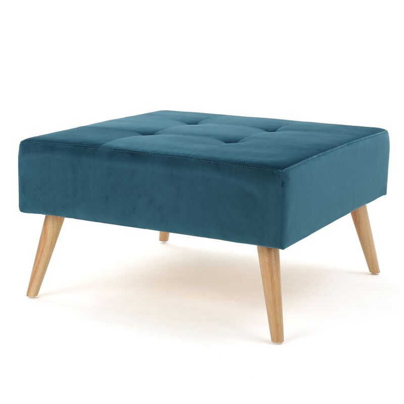 Ottoman, Tufted Teal Velvet, Brown Tapered Wood Legs, Square 31 Inch - Benzara
