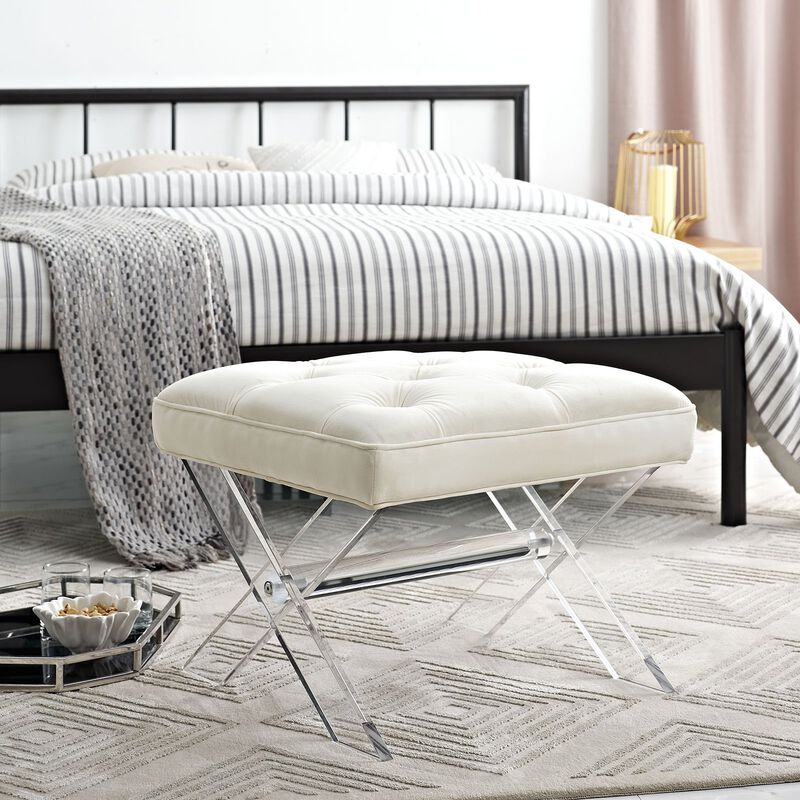 Modway Swift Acrylic X-Base Entryway Modern Bench With Tufted Fabric Upholstery in Ivory image number 4