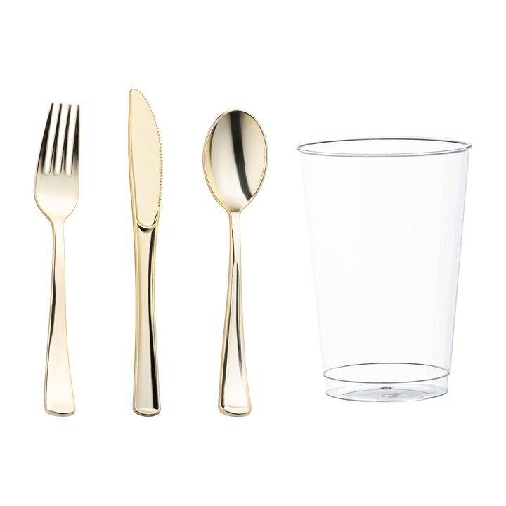 Gold Plastic Cutlery and Cup Set (120 Sets)