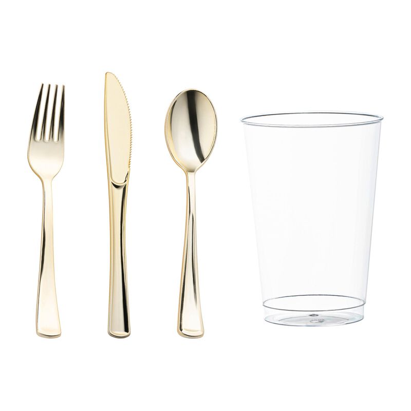Gold Plastic Cutlery and Cup Set (120 Sets) image number 0